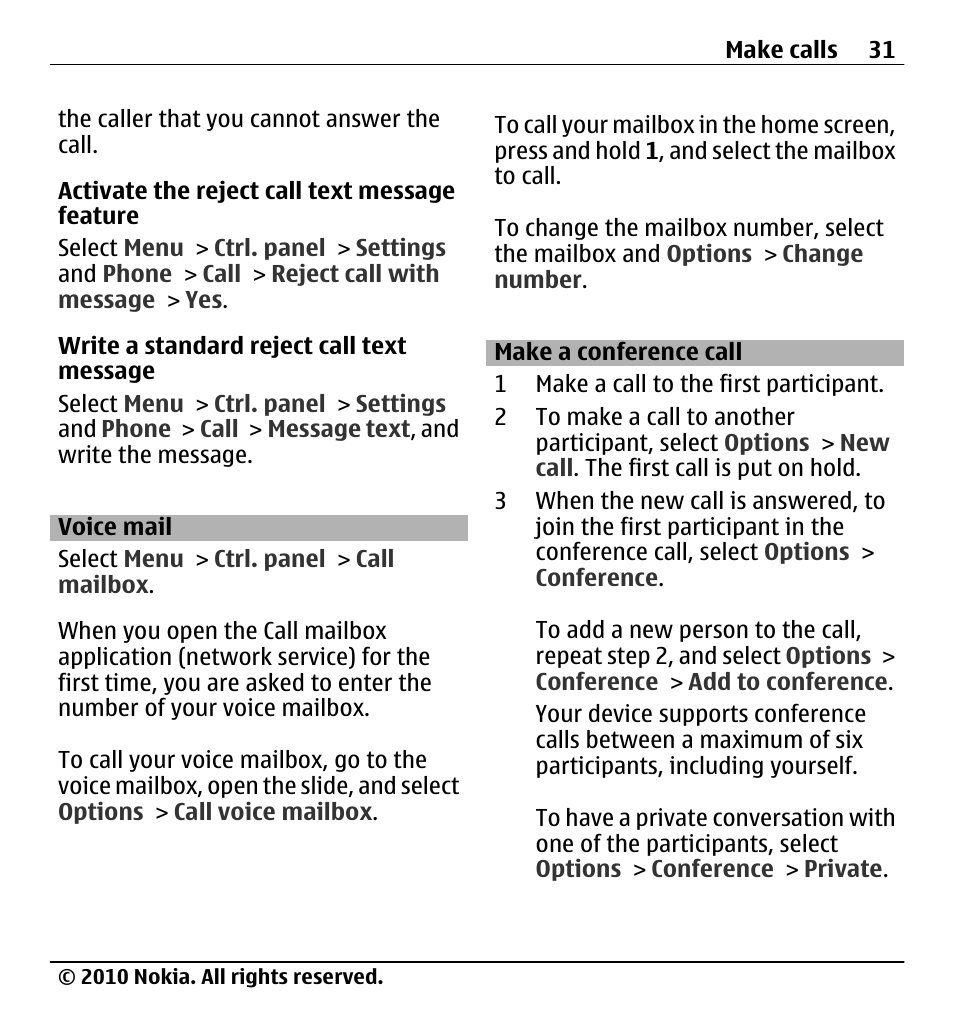 Voice mail, Make a conference call | Nokia X5-01 User Manual | Page 31 / 130