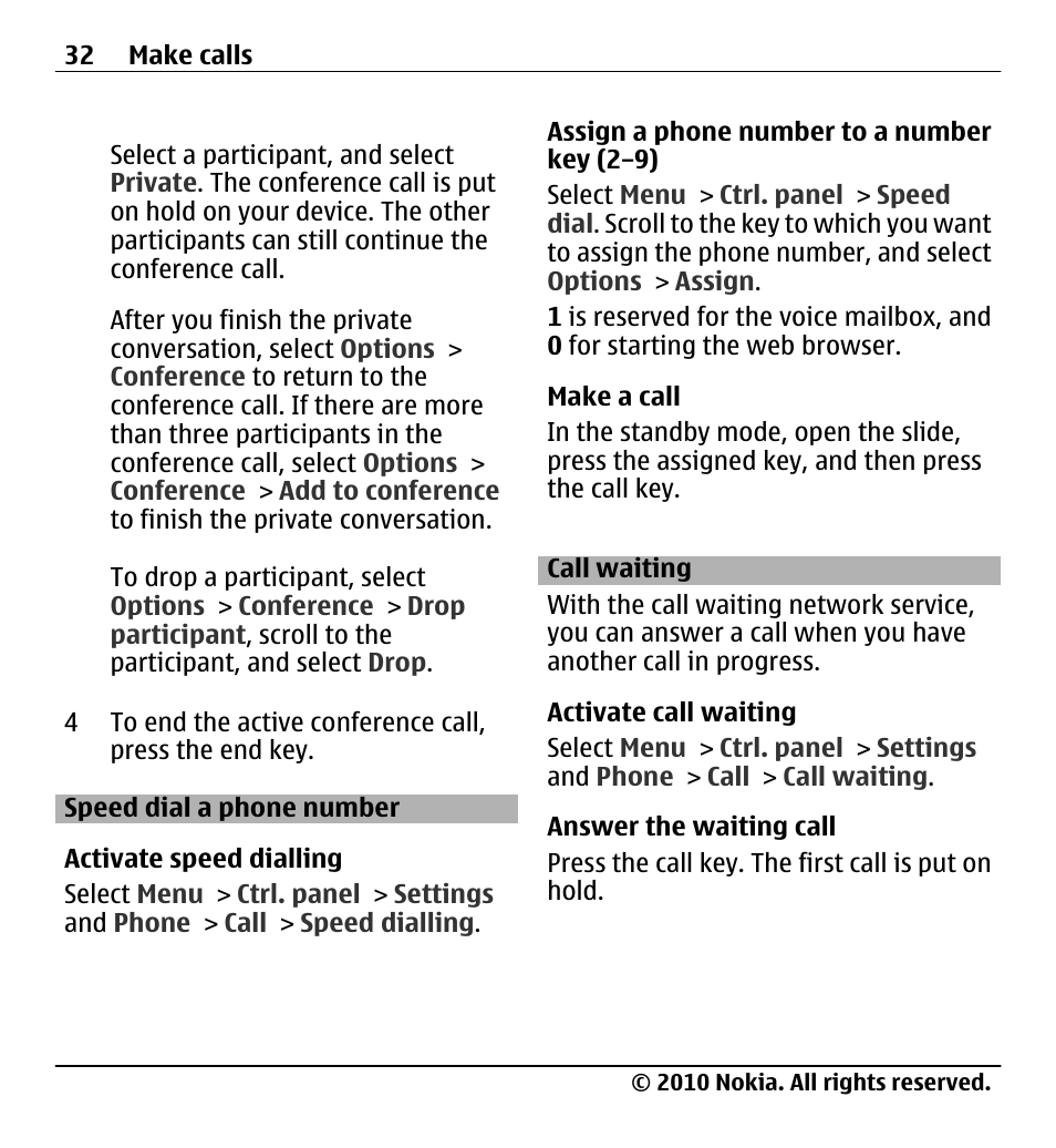Speed dial a phone number, Call waiting | Nokia X5-01 User Manual | Page 32 / 130