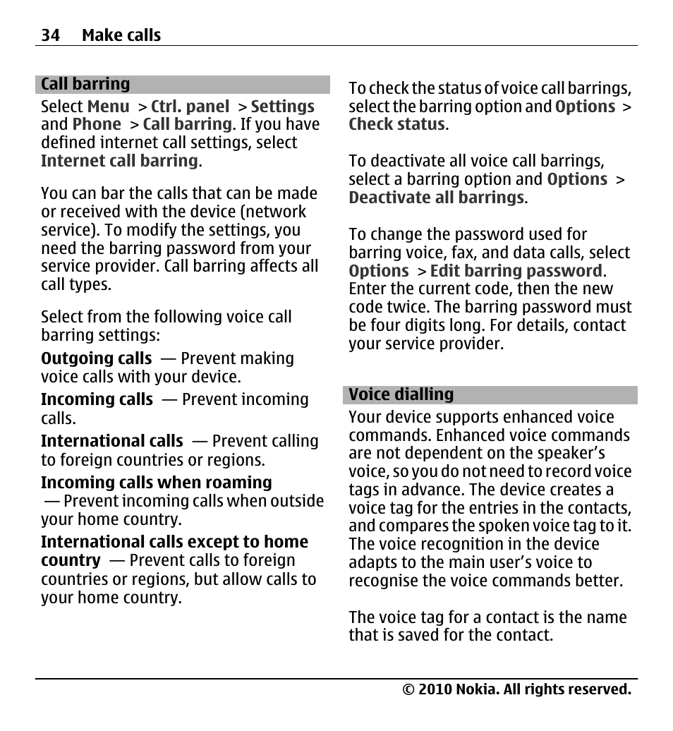 Call barring, Voice dialling | Nokia X5-01 User Manual | Page 34 / 130