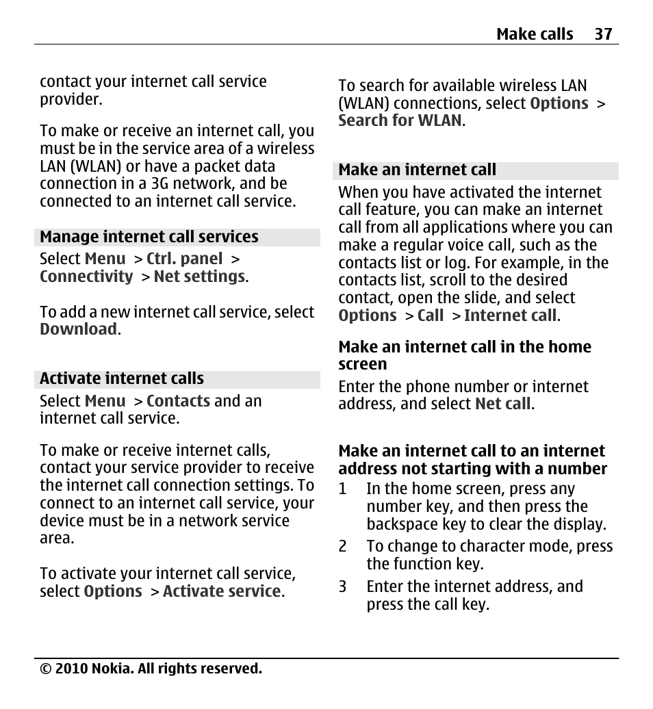 Manage internet call services, Activate internet calls, Make an internet call | Nokia X5-01 User Manual | Page 37 / 130