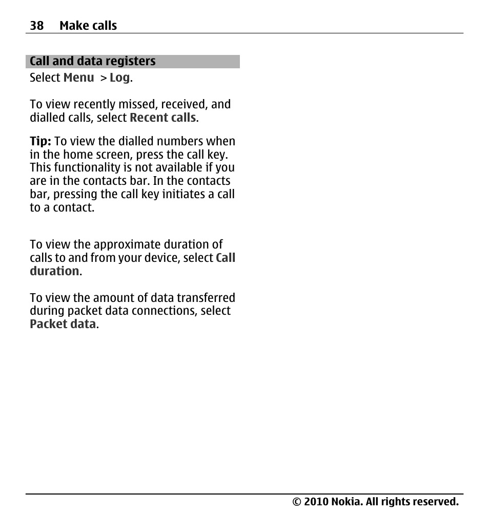 Call and data registers | Nokia X5-01 User Manual | Page 38 / 130