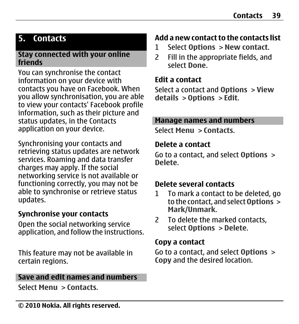 Contacts, Stay connected with your online friends, Save and edit names and numbers | Manage names and numbers, Stay connected with your online, Friends, Save and edit names and numbers 39 | Nokia X5-01 User Manual | Page 39 / 130