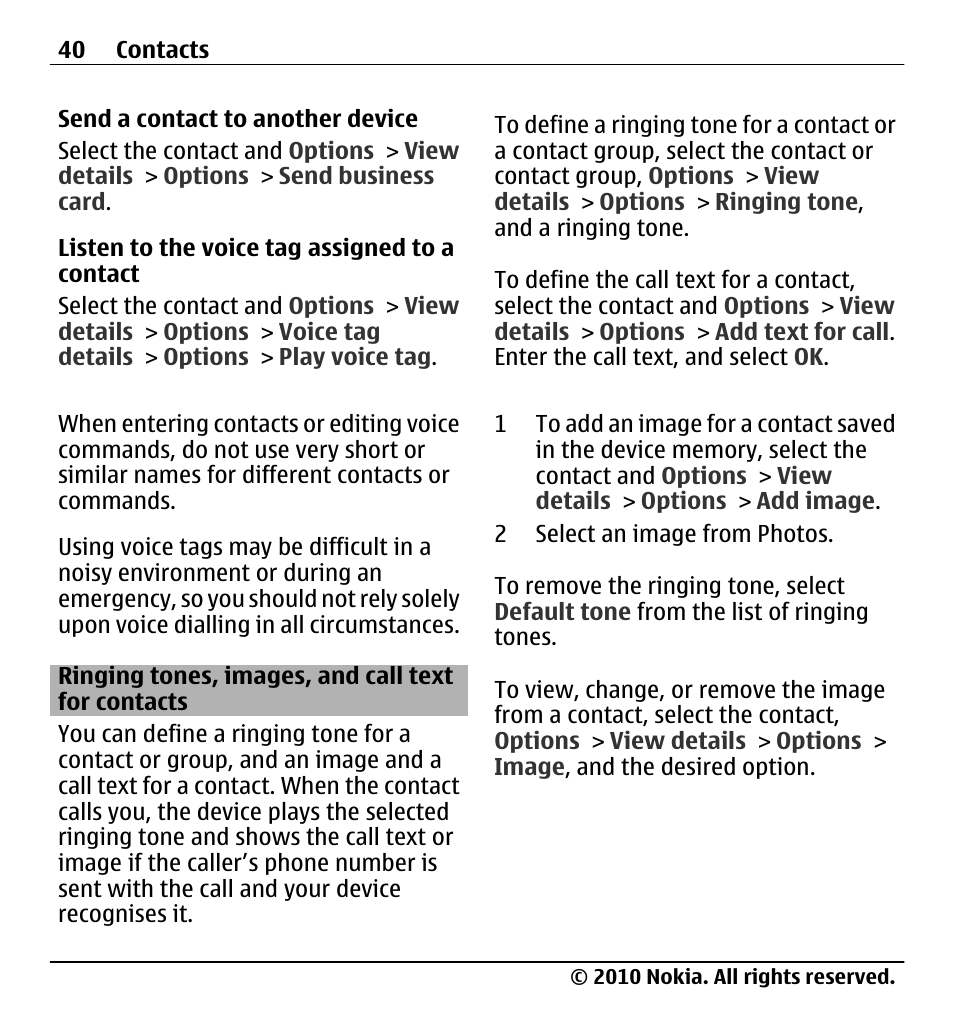 Ringing tones, images, and call text for contacts, Ringing tones, images, and call text, For contacts | Nokia X5-01 User Manual | Page 40 / 130