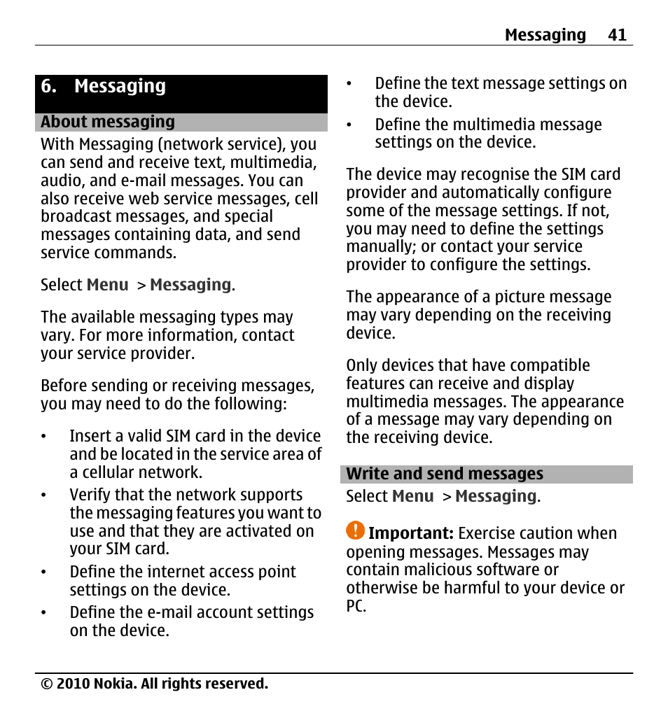 Messaging, About messaging, Write and send messages | Nokia X5-01 User Manual | Page 41 / 130