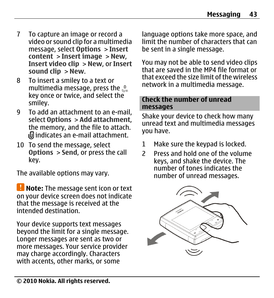 Check the number of unread messages, Check the number of unread, Messages | Nokia X5-01 User Manual | Page 43 / 130