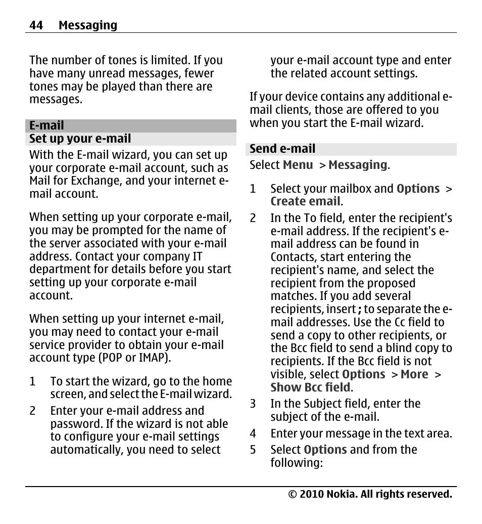 E-mail, Set up your e-mail, Send e-mail | Nokia X5-01 User Manual | Page 44 / 130
