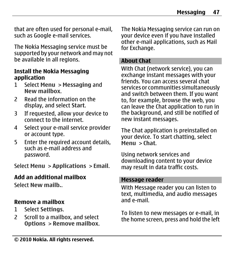 About chat, Message reader | Nokia X5-01 User Manual | Page 47 / 130