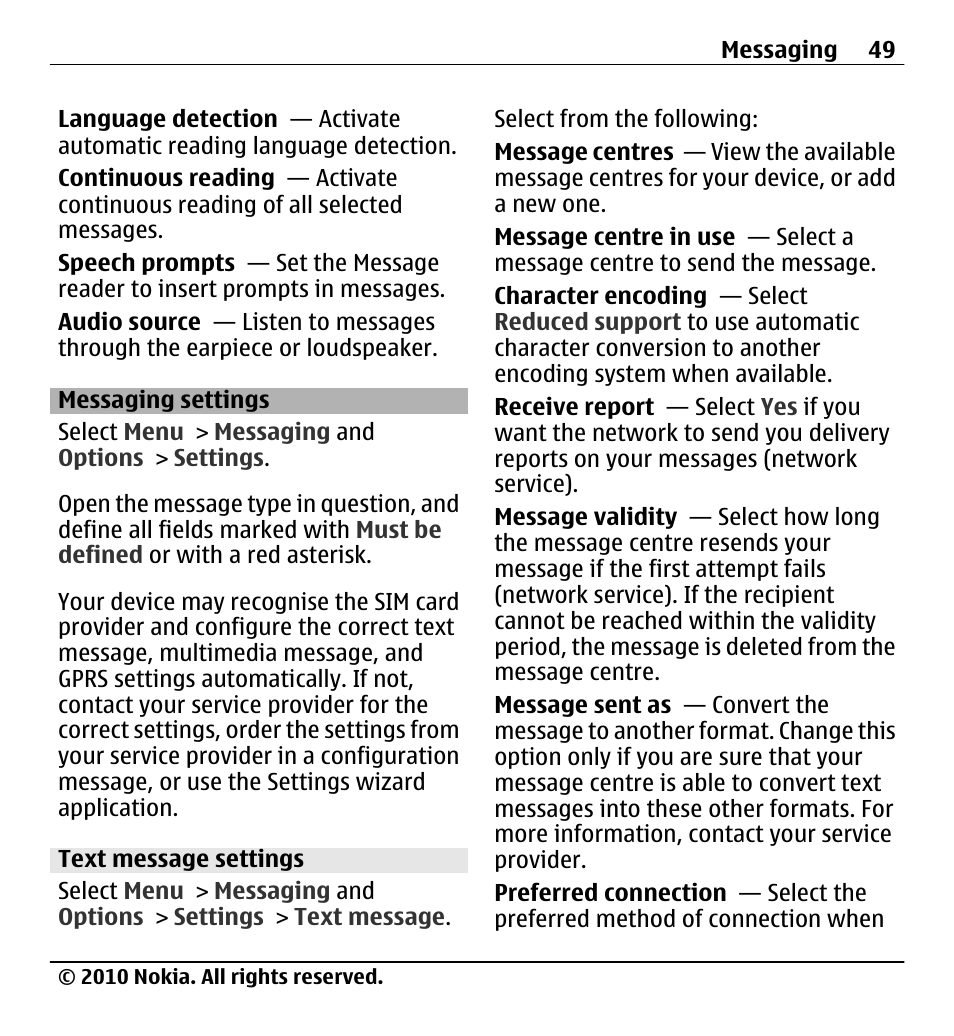 Messaging settings, Text message settings | Nokia X5-01 User Manual | Page 49 / 130