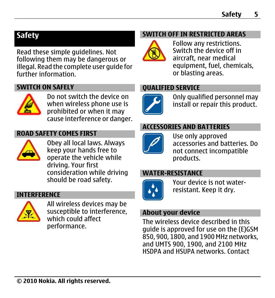 Safety, Switch on safely, Road safety comes first | Interference, Switch off in restricted areas, Qualified service, Accessories and batteries, Water-resistance, About your device | Nokia X5-01 User Manual | Page 5 / 130