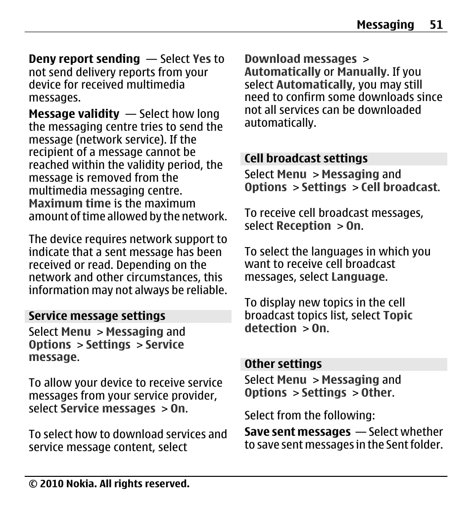 Service message settings, Cell broadcast settings, Other settings | Nokia X5-01 User Manual | Page 51 / 130