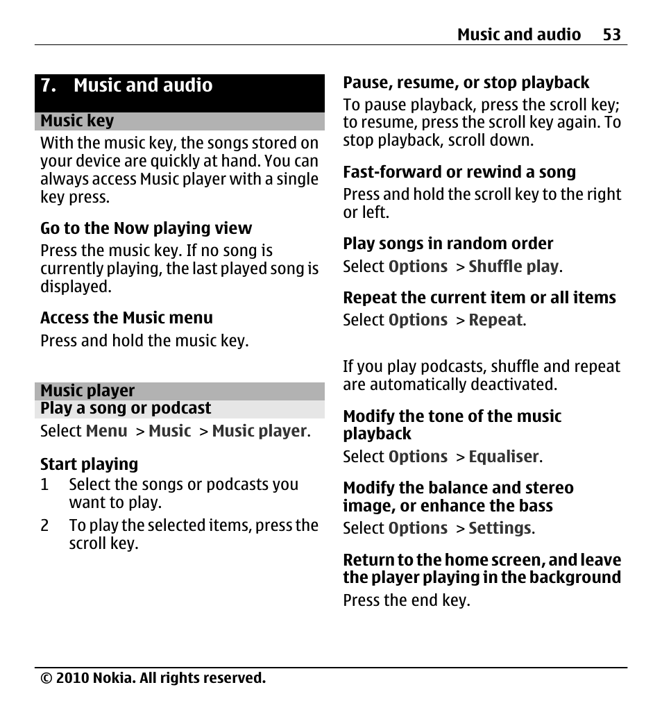 Music and audio, Music key, Music player | Play a song or podcast | Nokia X5-01 User Manual | Page 53 / 130