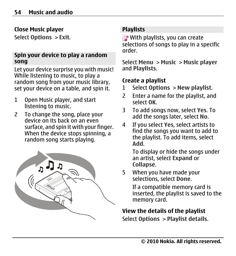 Spin your device to play a random song, Playlists | Nokia X5-01 User Manual | Page 54 / 130