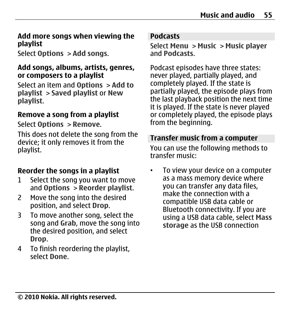 Podcasts, Transfer music from a computer | Nokia X5-01 User Manual | Page 55 / 130