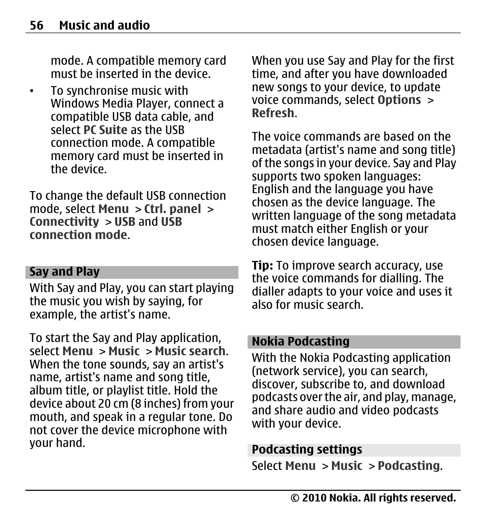 Say and play, Nokia podcasting, Podcasting settings | Nokia X5-01 User Manual | Page 56 / 130