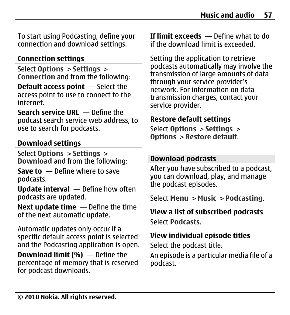 Download podcasts | Nokia X5-01 User Manual | Page 57 / 130