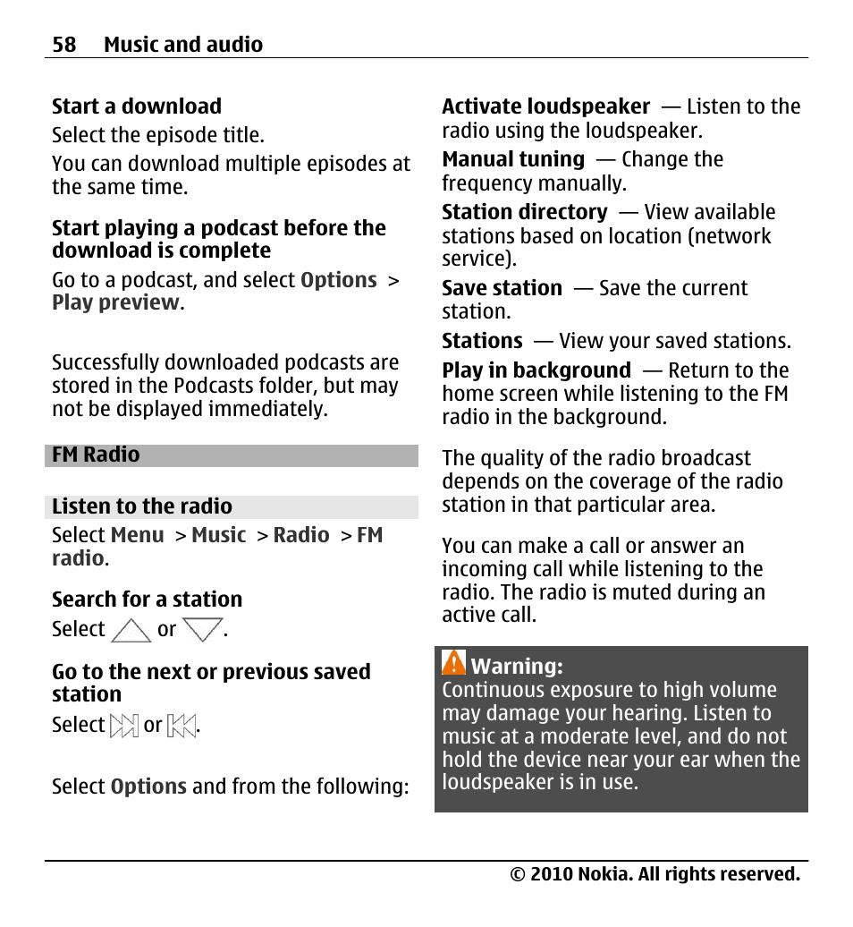 Fm radio, Listen to the radio | Nokia X5-01 User Manual | Page 58 / 130