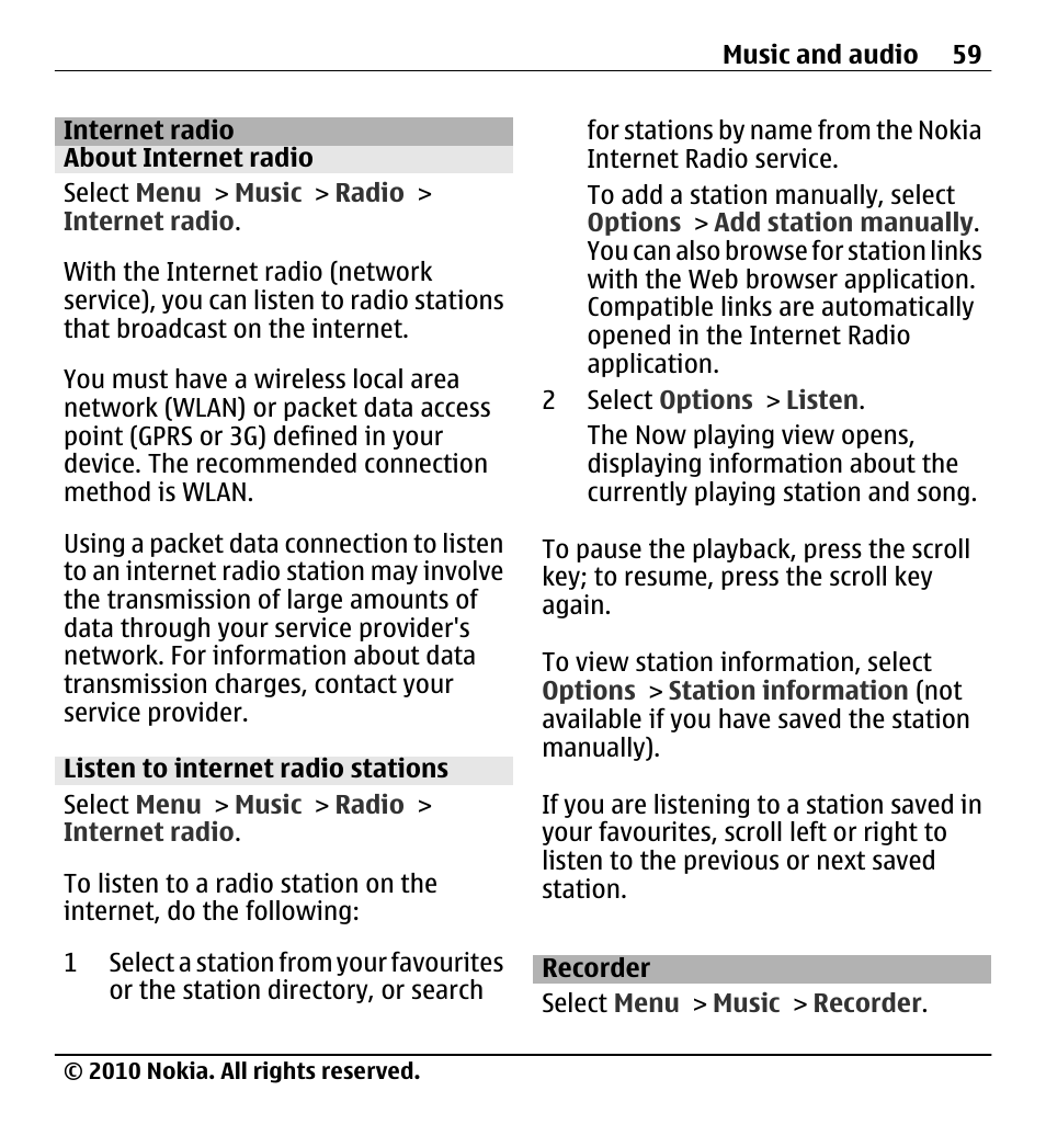 Internet radio, About internet radio, Listen to internet radio stations | Recorder | Nokia X5-01 User Manual | Page 59 / 130