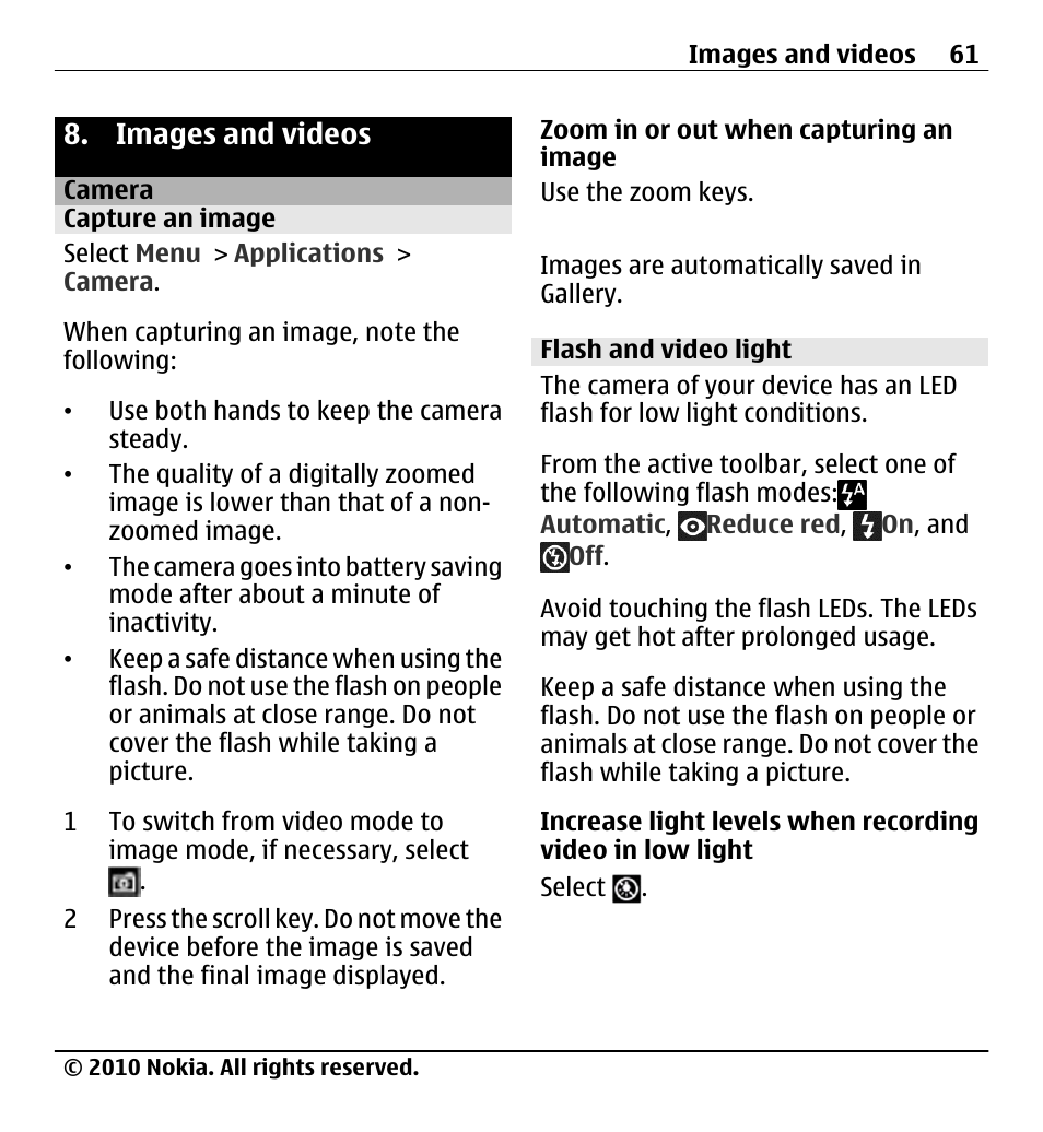 Images and videos, Camera, Capture an image | Flash and video light | Nokia X5-01 User Manual | Page 61 / 130