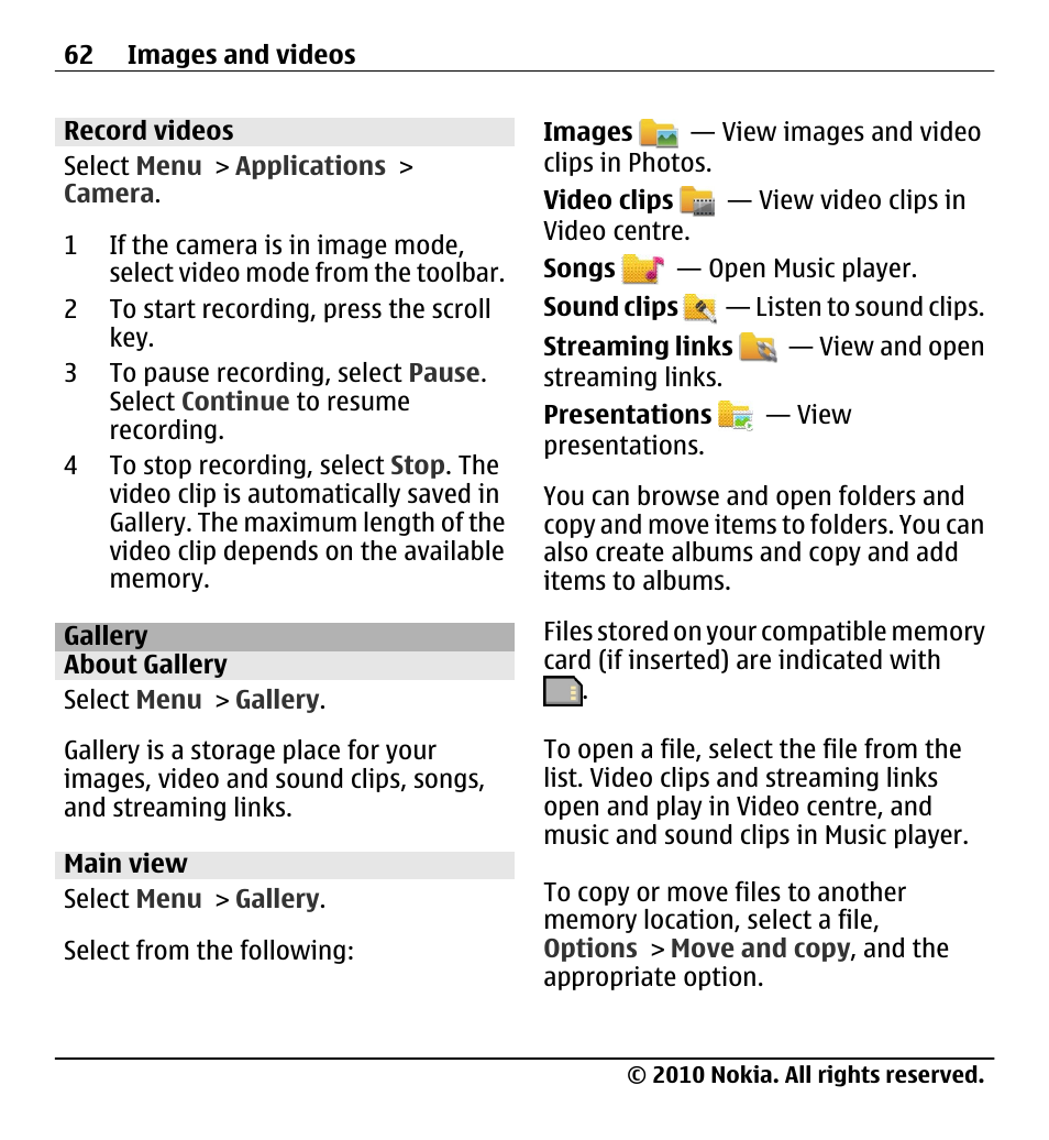 Record videos, Gallery, About gallery | Main view | Nokia X5-01 User Manual | Page 62 / 130