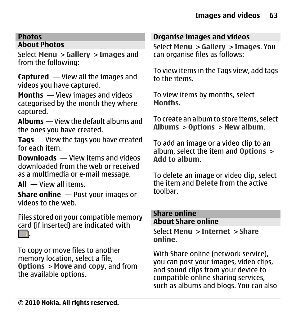 Photos, About photos, Organise images and videos | Share online, About share online | Nokia X5-01 User Manual | Page 63 / 130