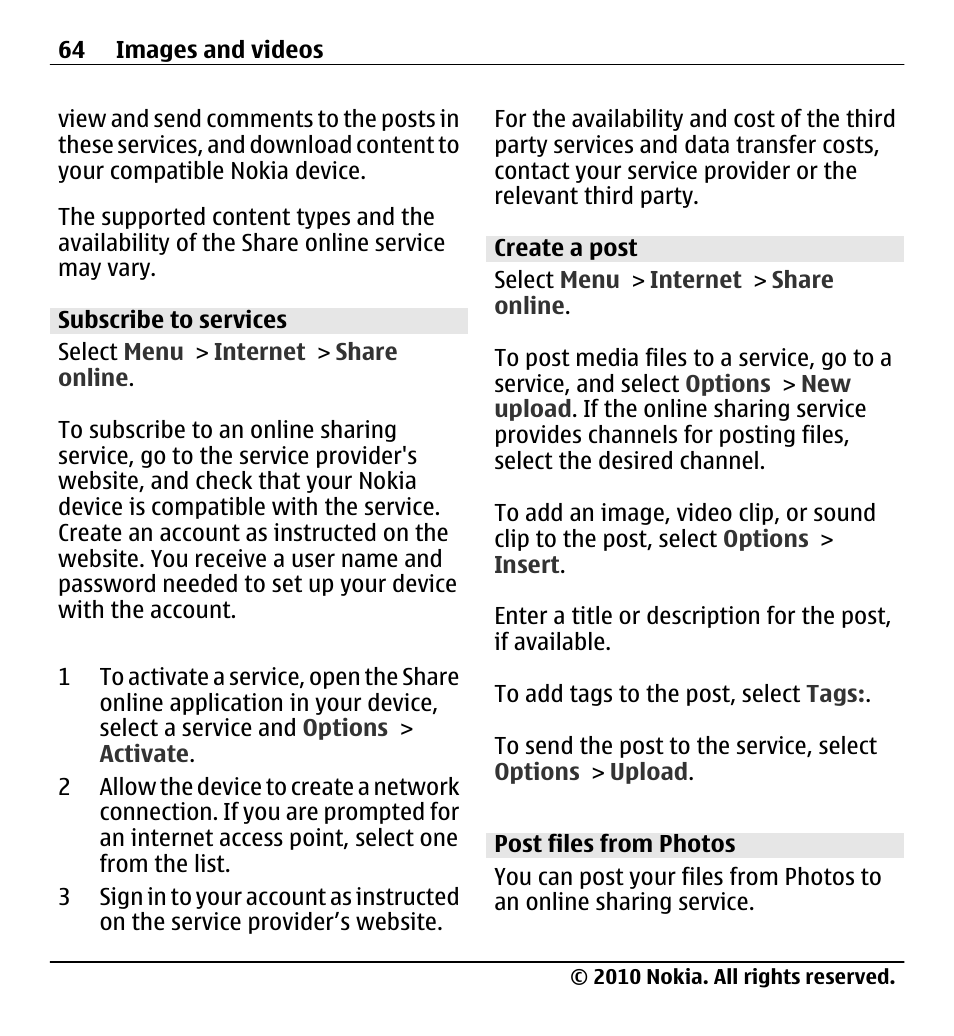 Subscribe to services, Create a post, Post files from photos | Nokia X5-01 User Manual | Page 64 / 130