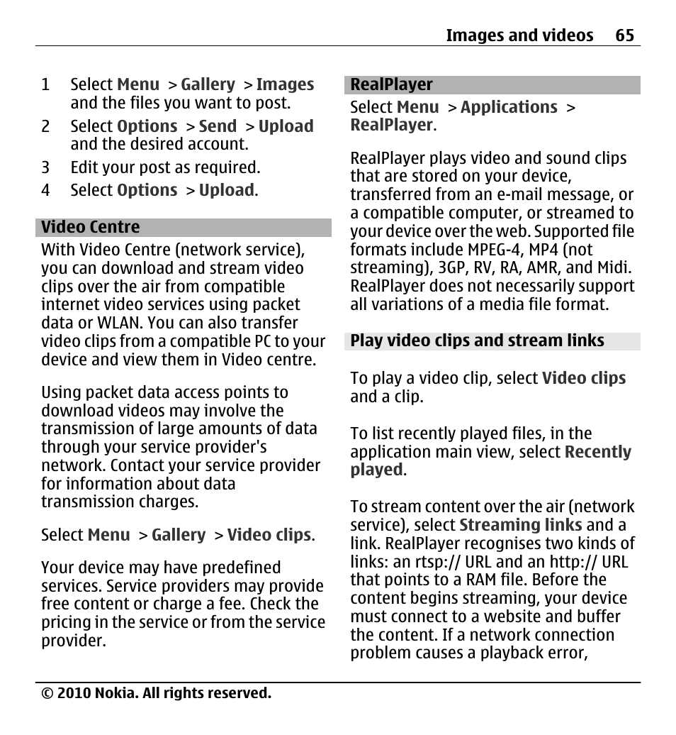 Video centre, Realplayer, Play video clips and stream links | Nokia X5-01 User Manual | Page 65 / 130