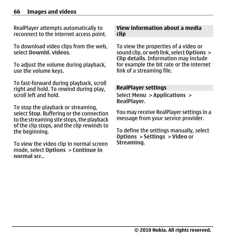 View information about a media clip, Realplayer settings | Nokia X5-01 User Manual | Page 66 / 130