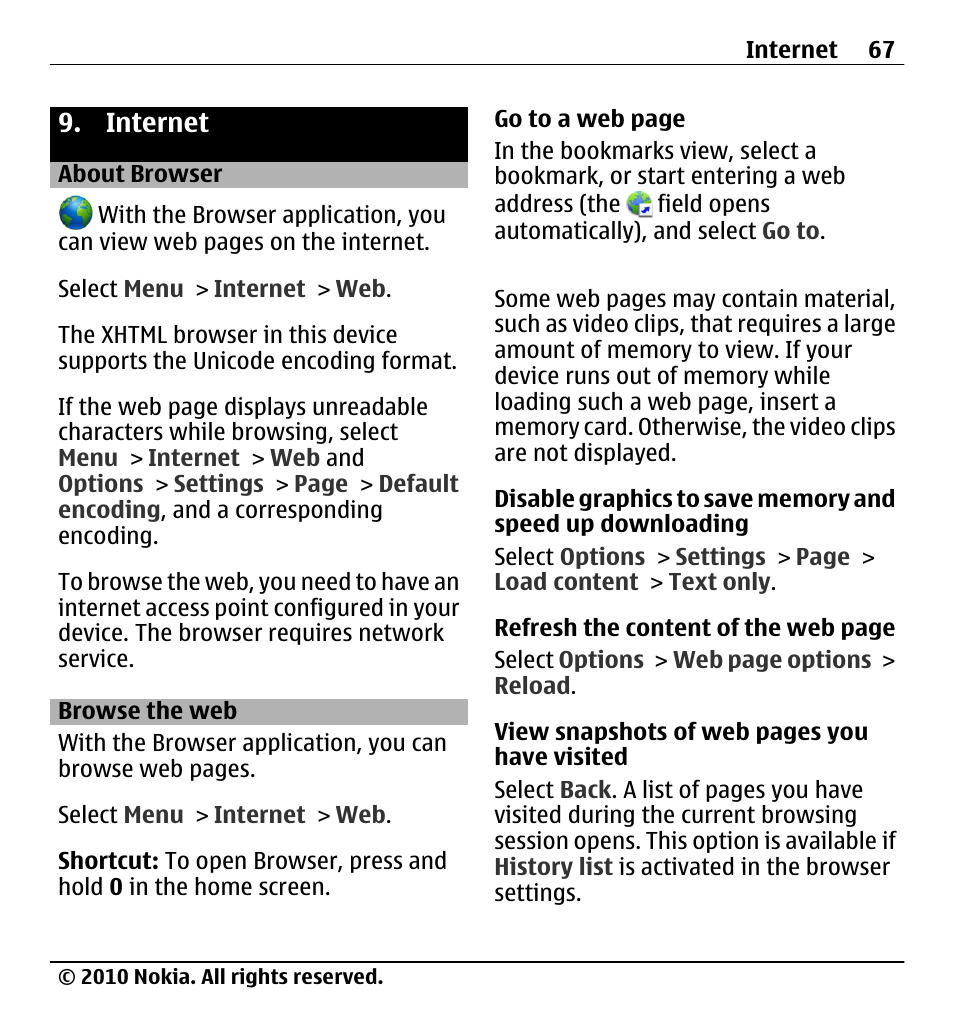 Internet, About browser, Browse the web | Nokia X5-01 User Manual | Page 67 / 130