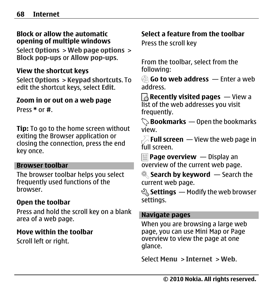 Browser toolbar | Nokia X5-01 User Manual | Page 68 / 130