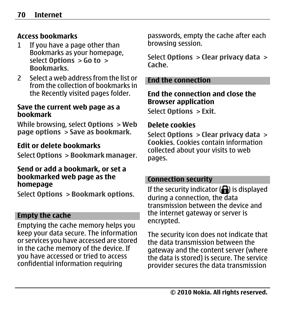 Empty the cache, End the connection, Connection security | Nokia X5-01 User Manual | Page 70 / 130