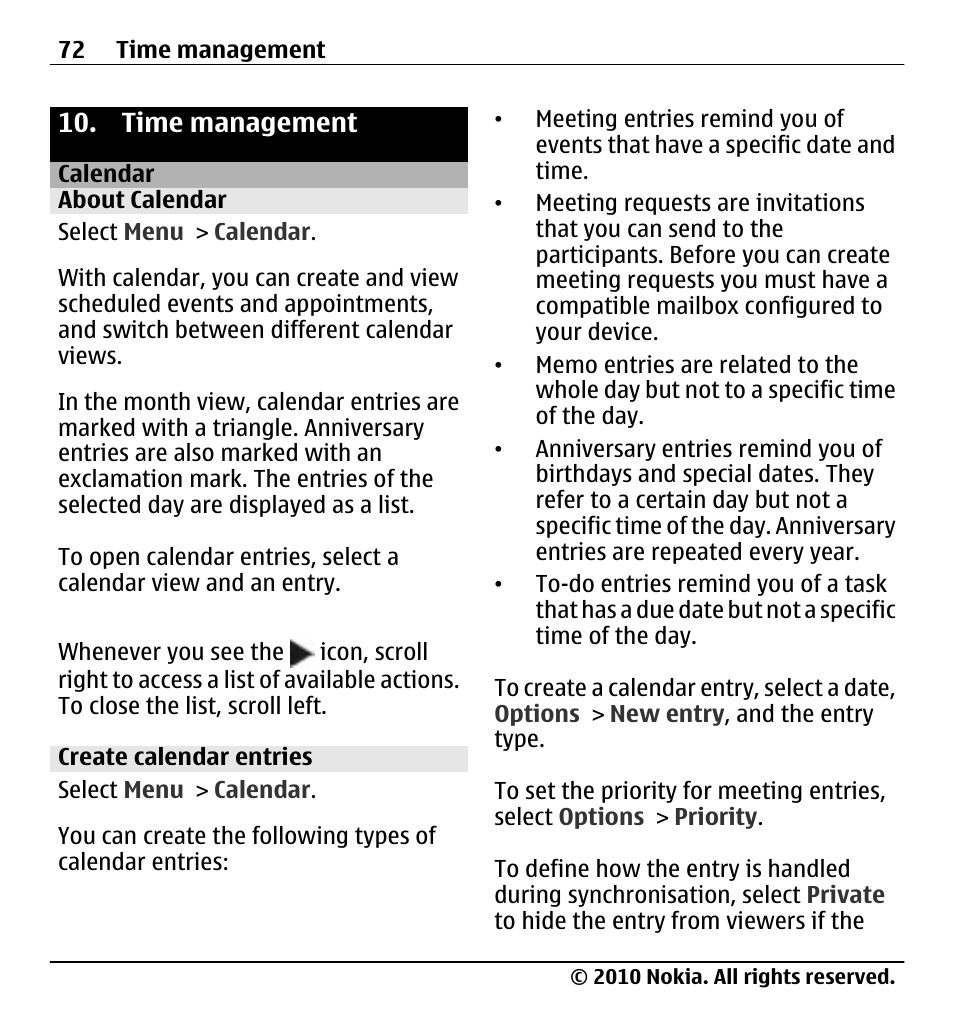 Time management, Calendar, About calendar | Create calendar entries | Nokia X5-01 User Manual | Page 72 / 130