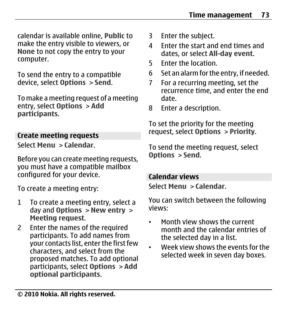 Create meeting requests, Calendar views | Nokia X5-01 User Manual | Page 73 / 130