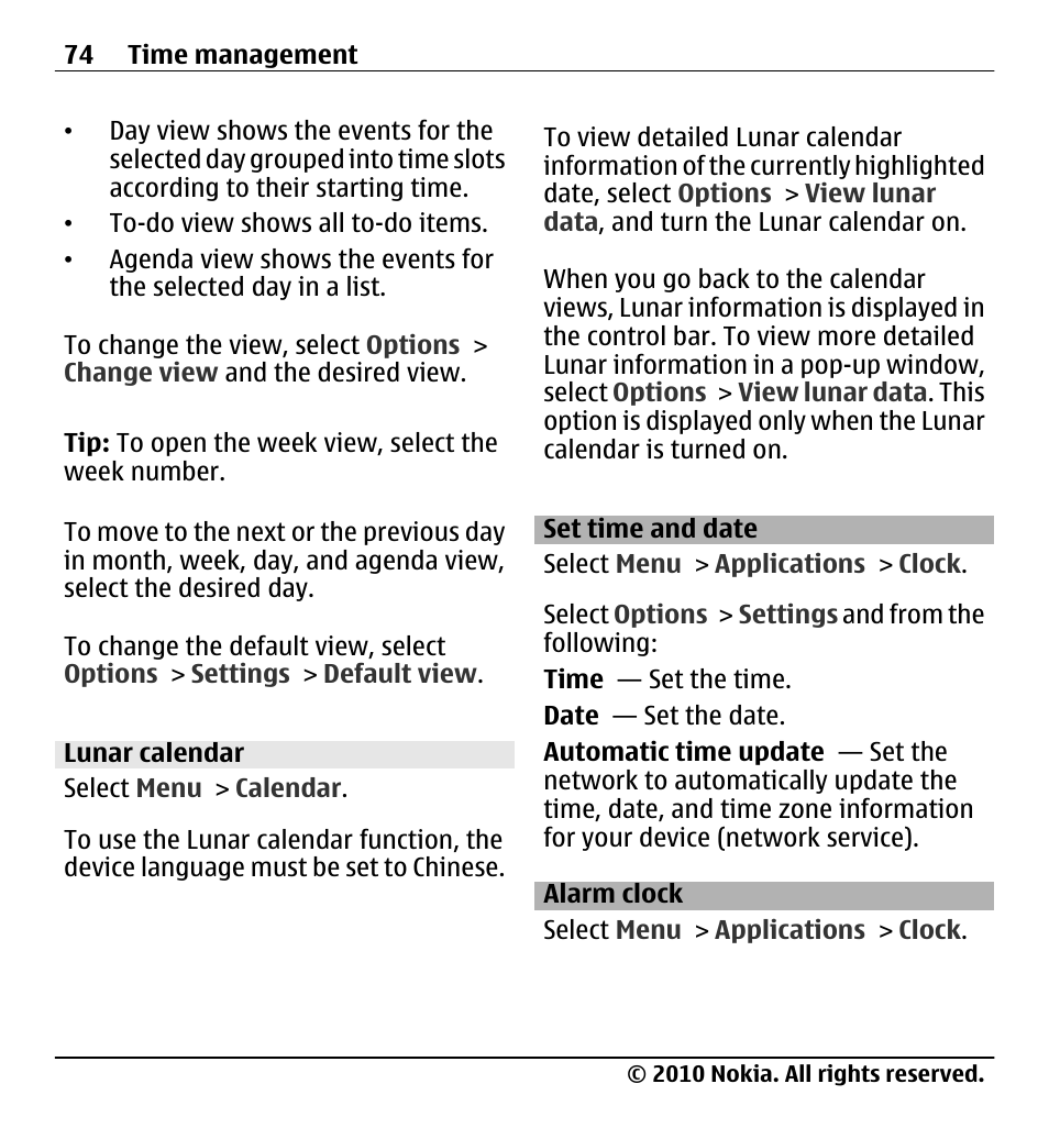 Lunar calendar, Set time and date, Alarm clock | Nokia X5-01 User Manual | Page 74 / 130