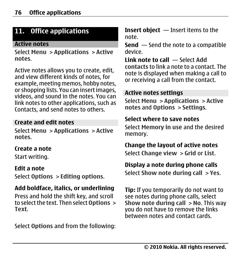 Office applications, Active notes, Create and edit notes | Active notes settings | Nokia X5-01 User Manual | Page 76 / 130