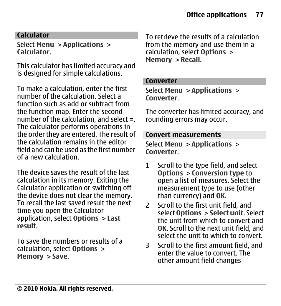 Calculator, Converter, Convert measurements | Nokia X5-01 User Manual | Page 77 / 130