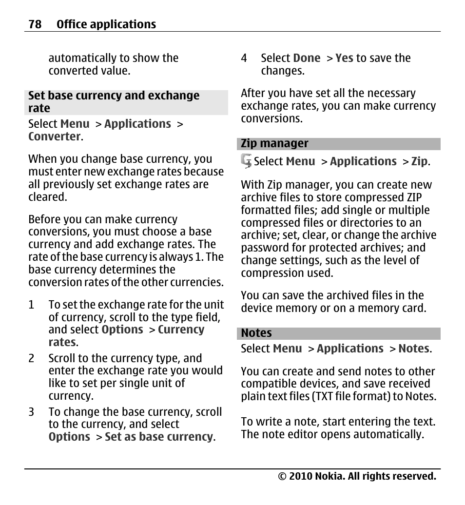 Set base currency and exchange rate, Zip manager, Notes | Notes 78 | Nokia X5-01 User Manual | Page 78 / 130