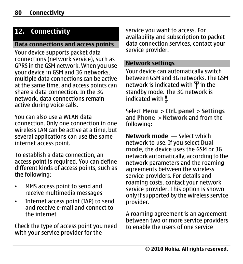 Connectivity, Data connections and access points, Network settings | Data connections and access points 80 | Nokia X5-01 User Manual | Page 80 / 130