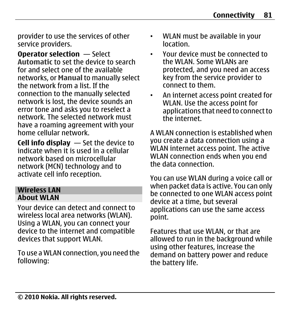 Wireless lan, About wlan | Nokia X5-01 User Manual | Page 81 / 130