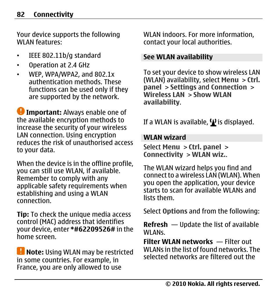 See wlan availability, Wlan wizard | Nokia X5-01 User Manual | Page 82 / 130