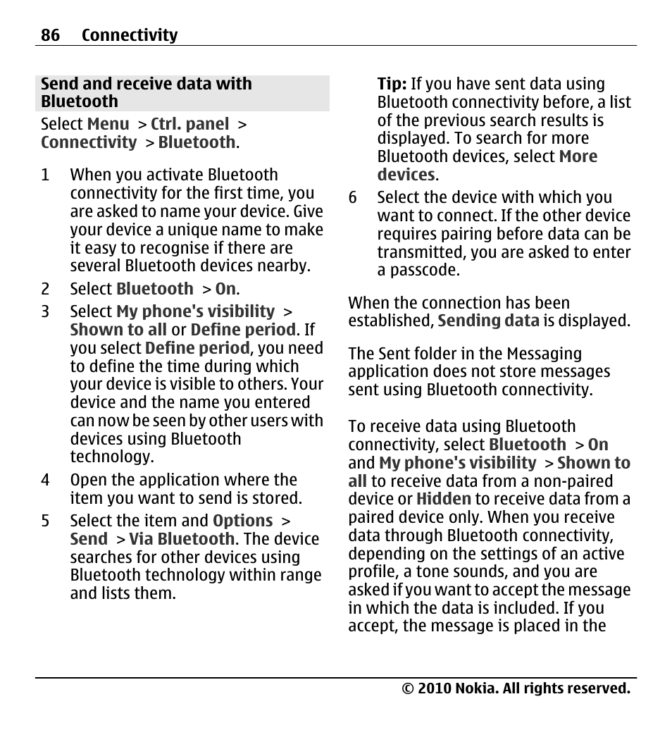 Send and receive data with bluetooth | Nokia X5-01 User Manual | Page 86 / 130
