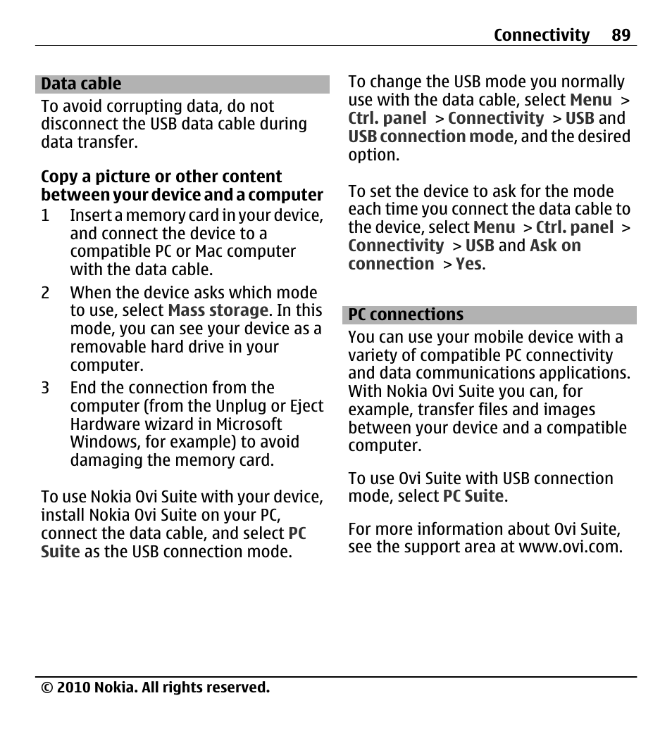 Data cable, Pc connections | Nokia X5-01 User Manual | Page 89 / 130