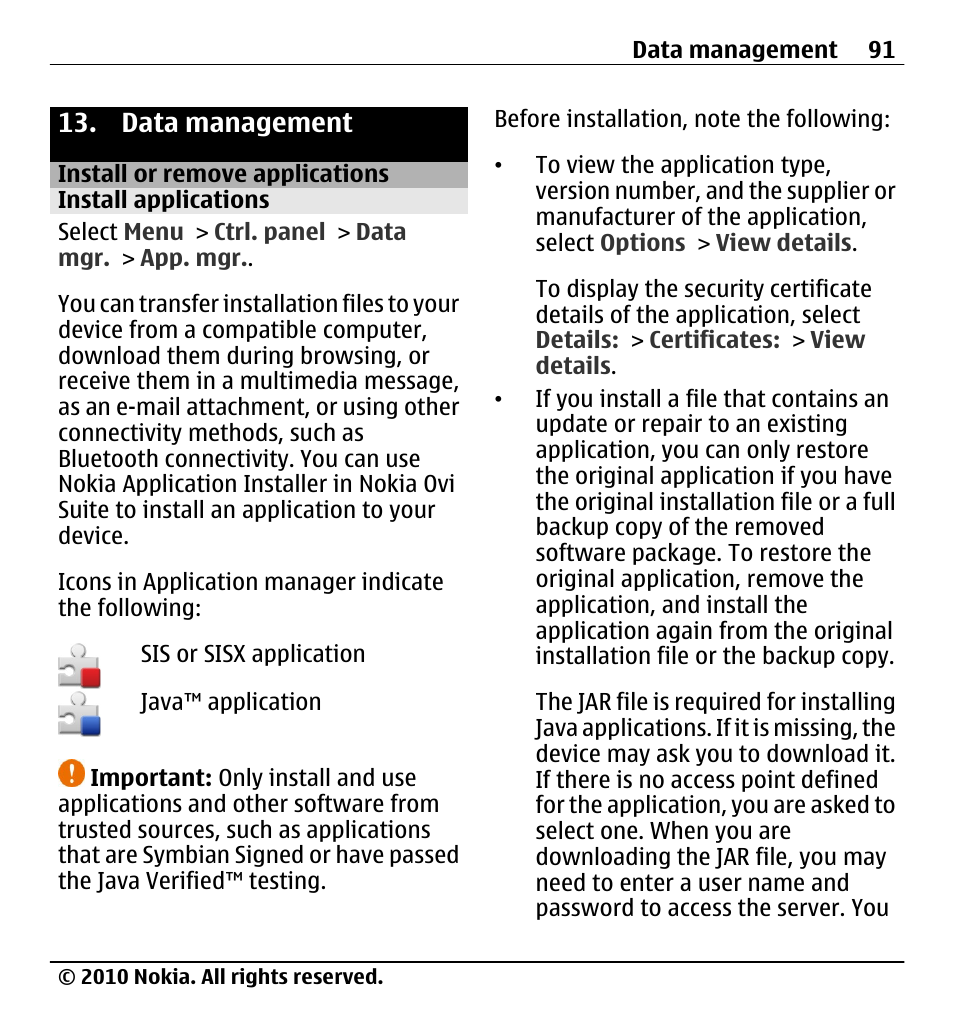 Data management, Install or remove applications, Install applications | Nokia X5-01 User Manual | Page 91 / 130