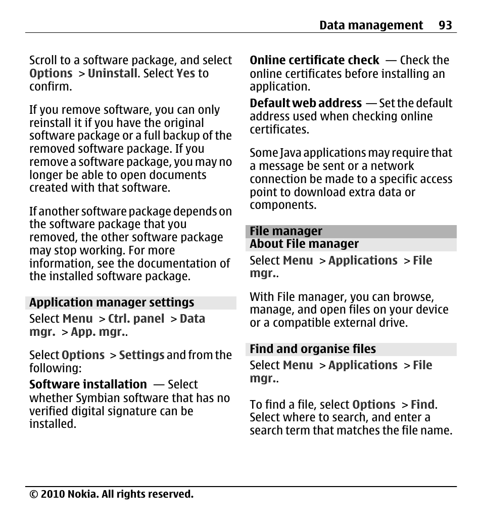 Application manager settings, File manager, About file manager | Find and organise files | Nokia X5-01 User Manual | Page 93 / 130