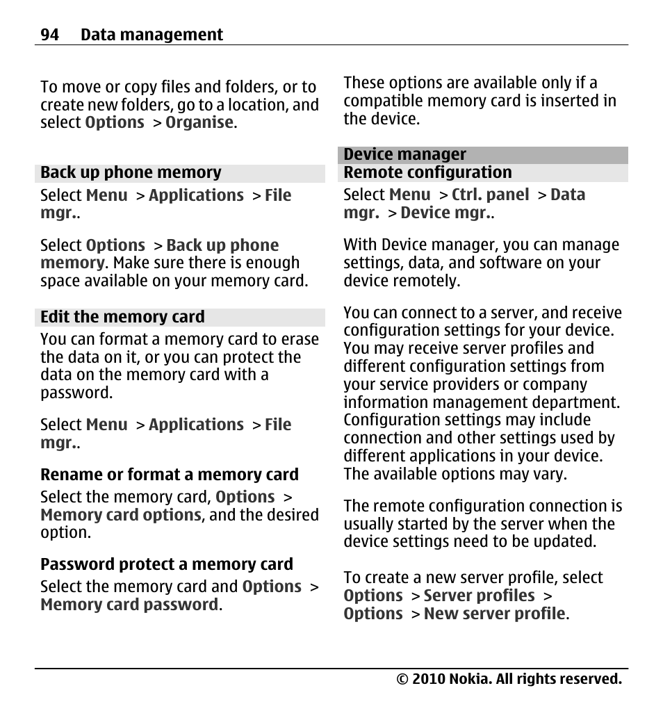 Back up phone memory, Edit the memory card, Device manager | Remote configuration | Nokia X5-01 User Manual | Page 94 / 130