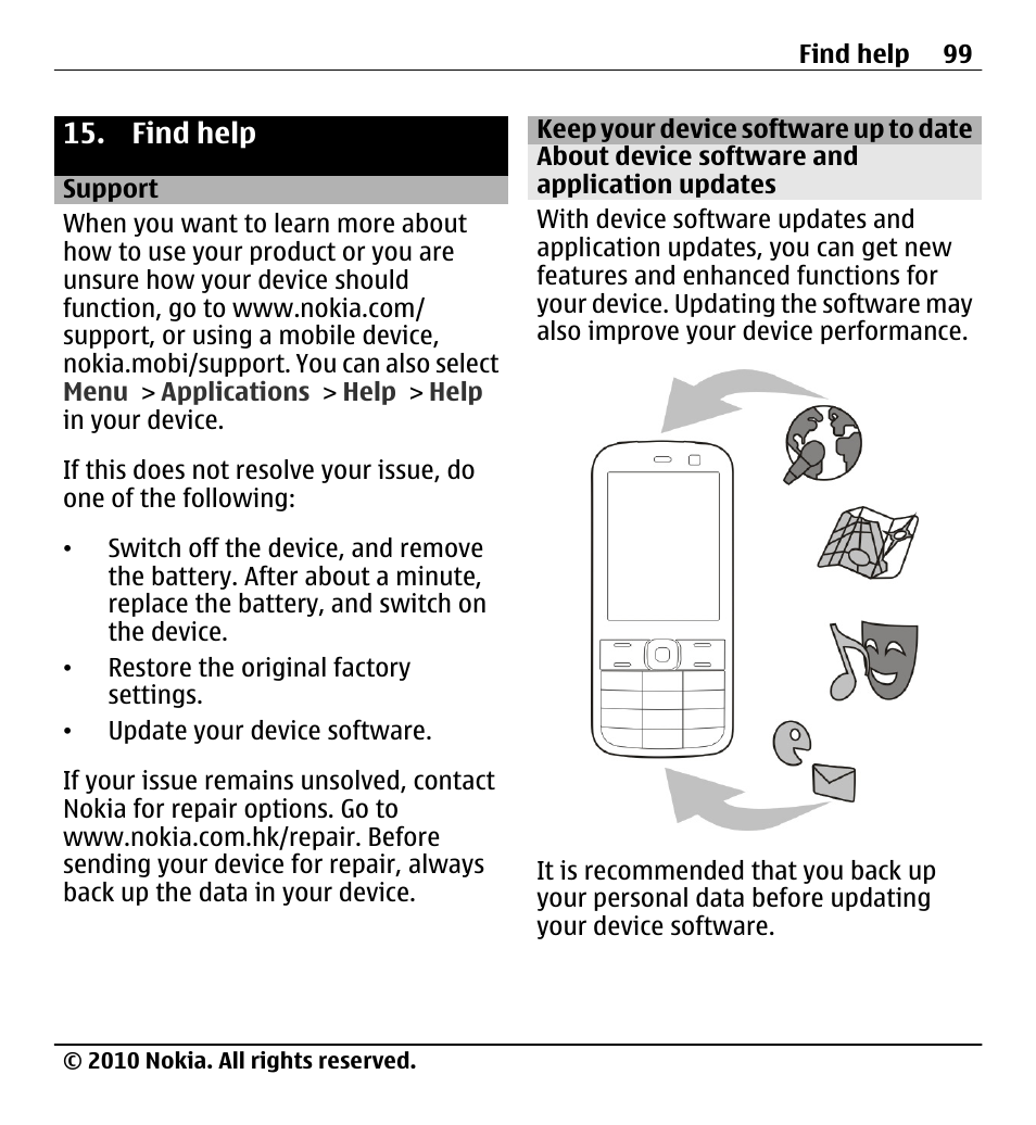 Find help, Support, Keep your device software up to date | About device software and application updates, Keep your device software up to, Date | Nokia X5-01 User Manual | Page 99 / 130