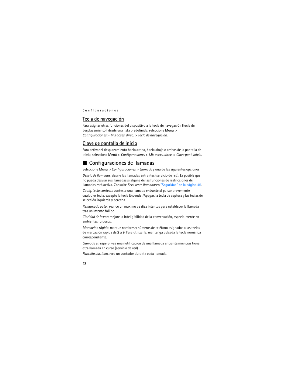 Tecla de navegación, Clave de pantalla de inicio, Configuraciones de llamadas | Nokia 3711 User Manual | Page 107 / 138