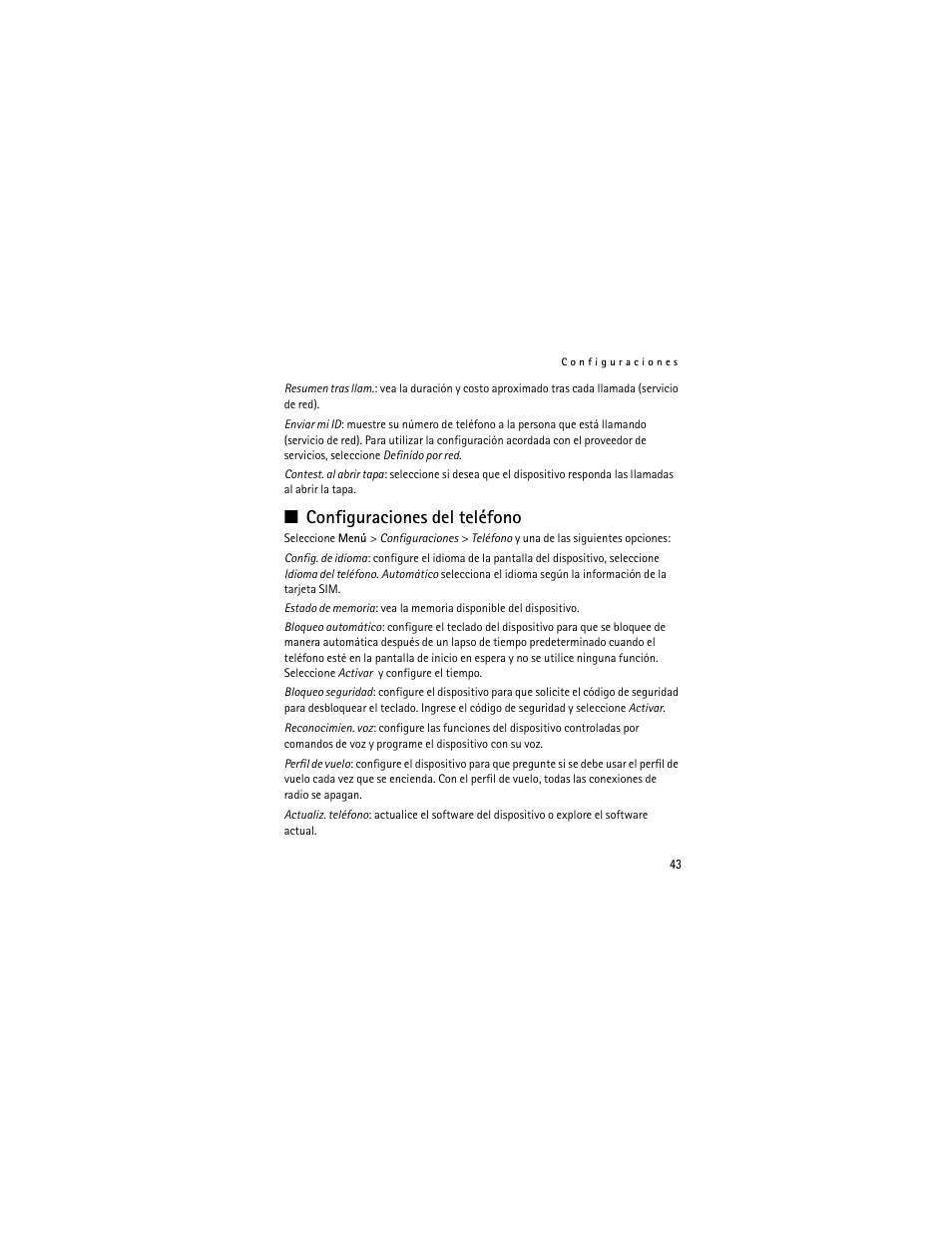 Configuraciones del teléfono, Configuraciones | Nokia 3711 User Manual | Page 108 / 138