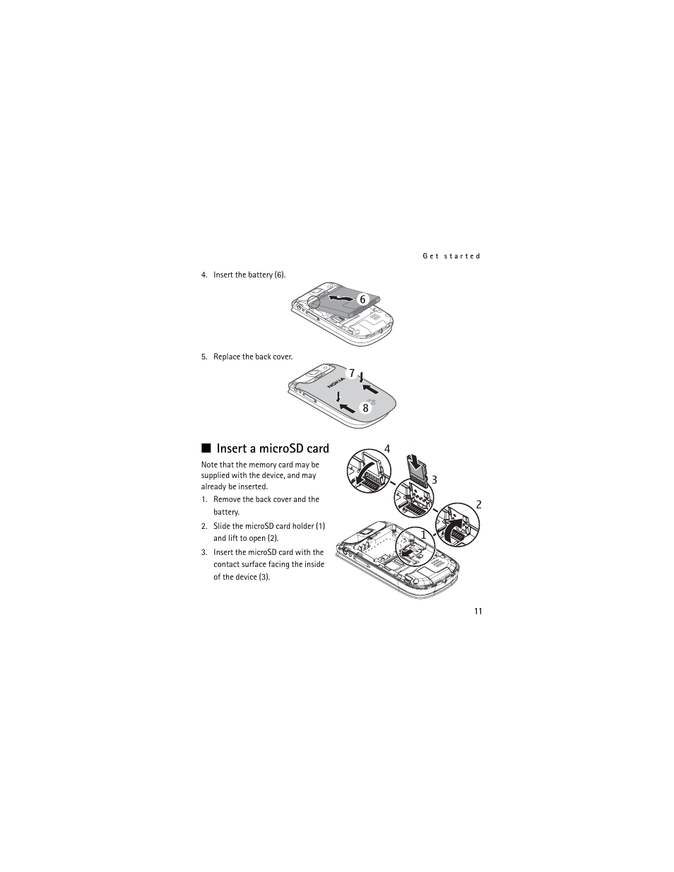 Insert a microsd card | Nokia 3711 User Manual | Page 11 / 138