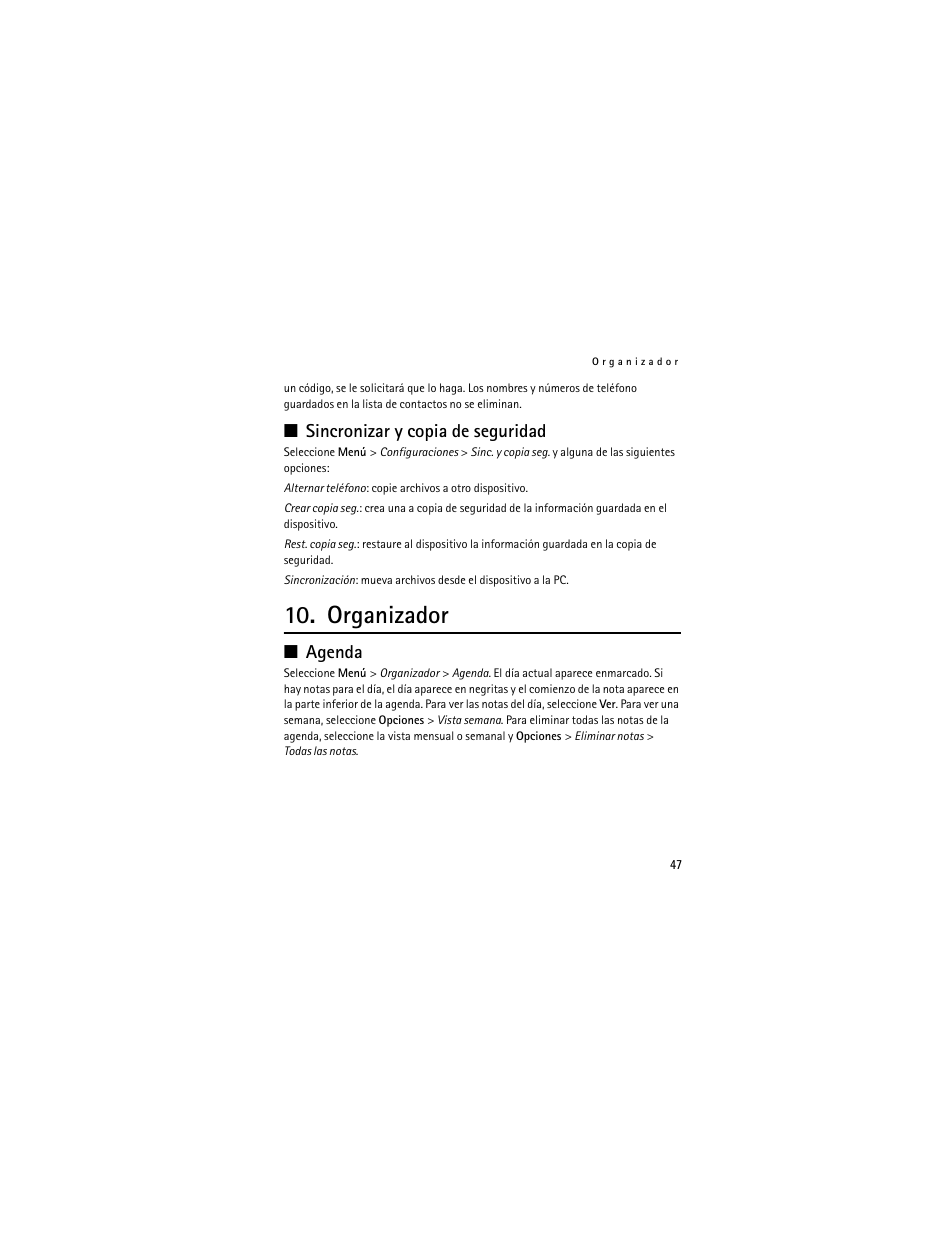 Sincronizar y copia de seguridad, Organizador, Agenda | Nokia 3711 User Manual | Page 112 / 138