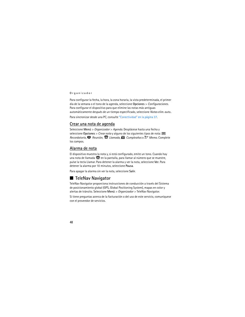 Crear una nota de agenda, Alarma de nota, Telenav navigator | Nokia 3711 User Manual | Page 113 / 138